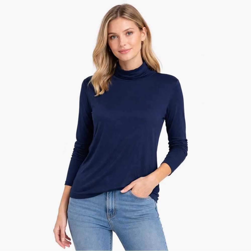 Eileen Fisher Business Casual Navy Blue Long Sleeve Turtleneck Top Blouse
